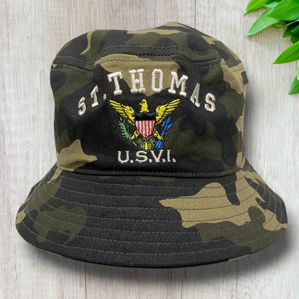 St. Thomas US Virgin Islands Camo Camouflage Canvas Bucket Hat Cap Beach Party